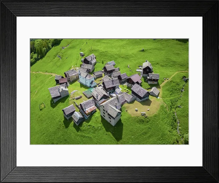 Framed Print : Aerial view of the small mountain walser town of Salecchio Superiore in spring. Premia, Valle Antigorio, Verbano Cusio Ossola, Piedmont, Italy