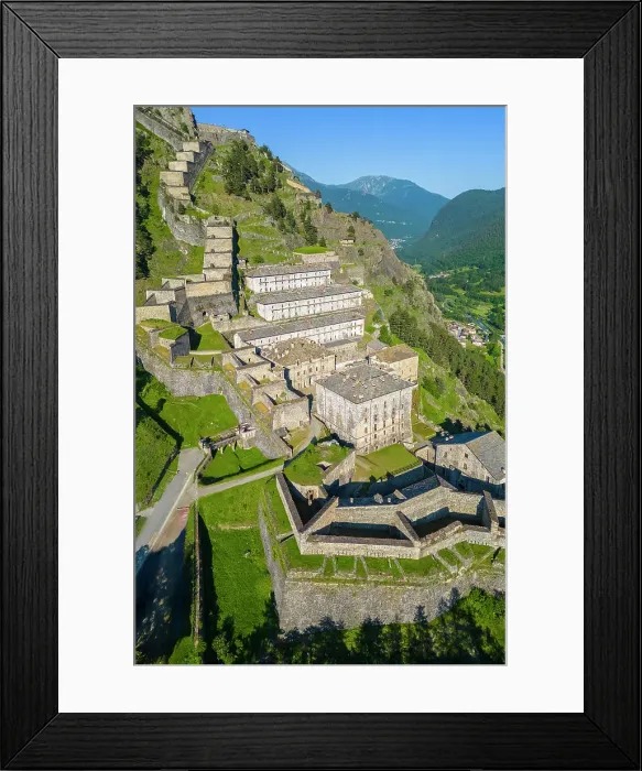 Framed Print : Aerial view of the Fenestrelle fortress watching over Chisone Valley. Orsiera Rocciavre Park, Chisone Valley, Turin, Piedmont, Italy Framed Print : Aerial view of the Fenestrelle fortress watching over Chisone Valley. Orsiera Rocciavre Park, Chisone Valley, Turin, Piedmont, Italy