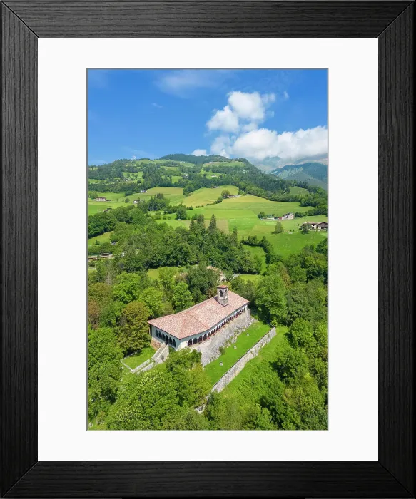 Framed Print : Aerial view of the Santissima Trinita di Parre church on a hill overlooking Valle Seriana. Val Seriana, Bergamo province, Lombardy, Italy Framed Print : Aerial view of the Santissima Trinita di Parre church on a hill overlooking Valle Seriana. Val Seriana, Bergamo province, Lombardy, Italy
