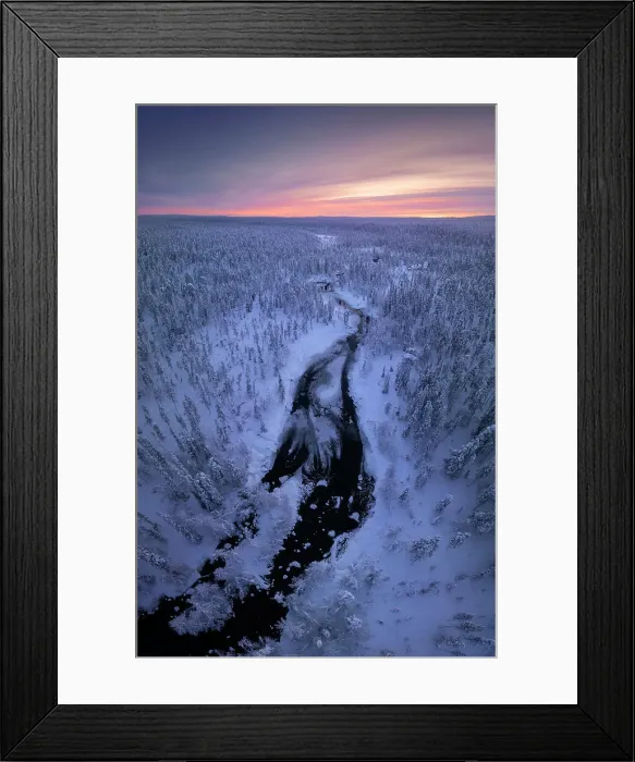 Framed Print : Aerial view of a river during a winter evening in the Yllas-Pallastunturi National Park, Lapland, Finland Framed Print : Aerial view of a river during a winter evening in the Yllas-Pallastunturi National Park, Lapland, Finland