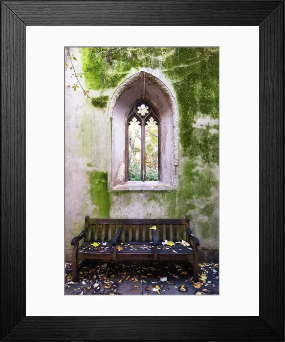 Framed Print : St Dunstan in the East church window and bench, London, England Framed Print : St Dunstan in the East church window and bench, London, England