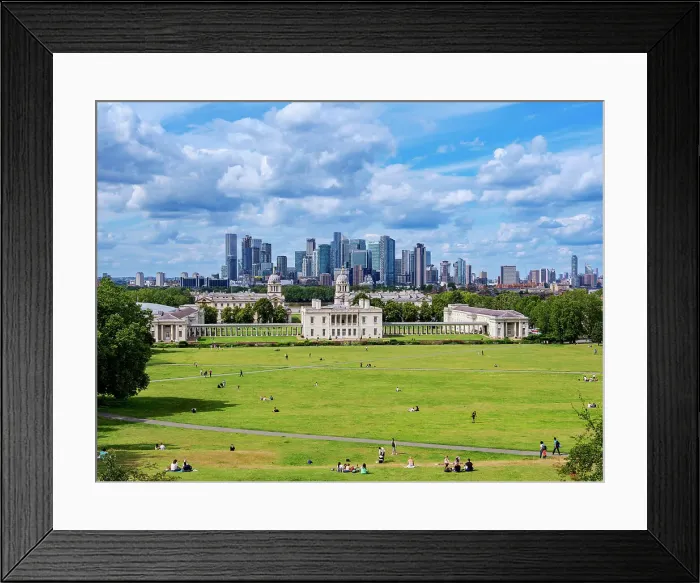 Framed Print : View over Greenwich Park towards Queen's House, Old Royal Naval College and Canary Wharf, Greenwich, London, England, United Kingdom Framed Print : View over Greenwich Park towards Queen's House, Old Royal Naval College and Canary Wharf, Greenwich, London, England, United Kingdom
