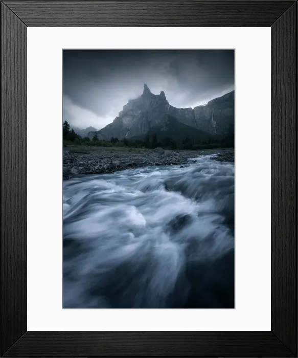 Framed Print : A small stream comes down from the mountains in the valley of Sixt-fer-a-Cheval, Haute Savoie, France during a gloomy summer evening Framed Print : A small stream comes down from the mountains in the valley of Sixt-fer-a-Cheval, Haute Savoie, France during a gloomy summer evening