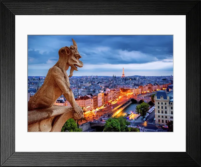 Framed Print : Gargoyle on Notre Dame Cathedral at night overlooking the city of Paris, France Framed Print : Gargoyle on Notre Dame Cathedral at night overlooking the city of Paris, France