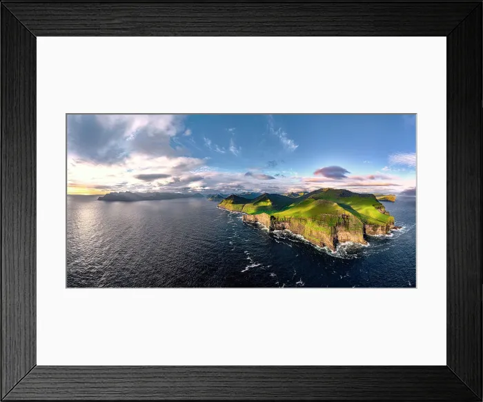 Framed Print : Aerial panoramic of Kalsoy island and cliffs along the fjords at dawn, Eysturoy island, Faroe Islands Framed Print : Aerial panoramic of Kalsoy island and cliffs along the fjords at dawn, Eysturoy island, Faroe Islands