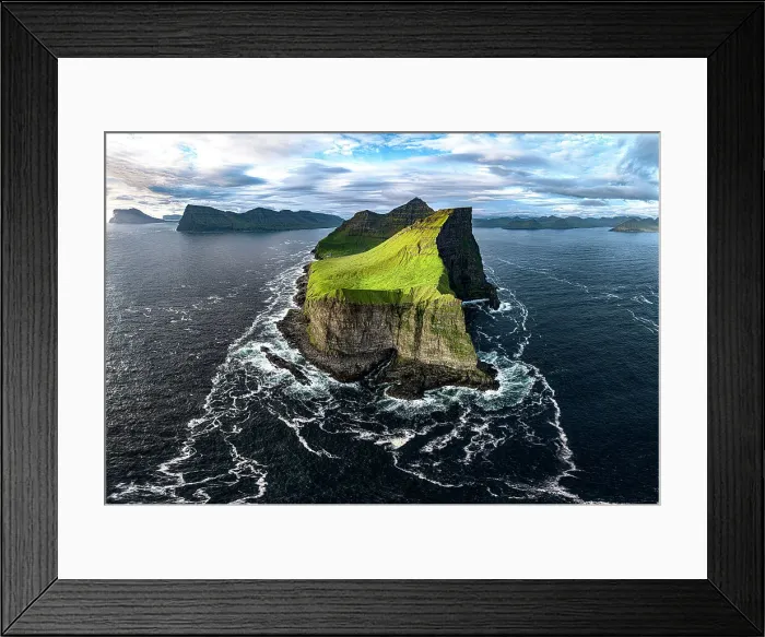 Framed Print : Aerial view of Kallur lighthouse on top of grass covered cliffs overlooking the rippled sea, Kalsoy island, Faroe Islands Framed Print : Aerial view of Kallur lighthouse on top of grass covered cliffs overlooking the rippled sea, Kalsoy island, Faroe Islands