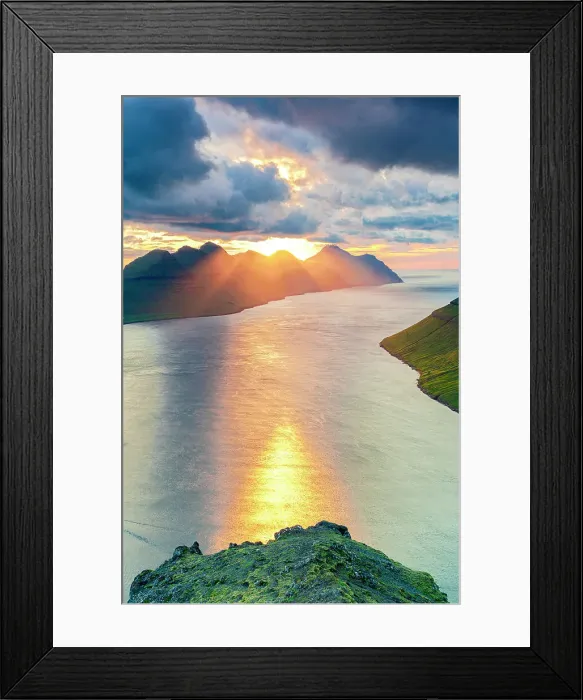 Framed Print : Sunset reflected in the fjord surrounded by Klakkur mountain and Kunoy island, Klaksvik, Bordoy island, Faroe Islands Framed Print : Sunset reflected in the fjord surrounded by Klakkur mountain and Kunoy island, Klaksvik, Bordoy island, Faroe Islands