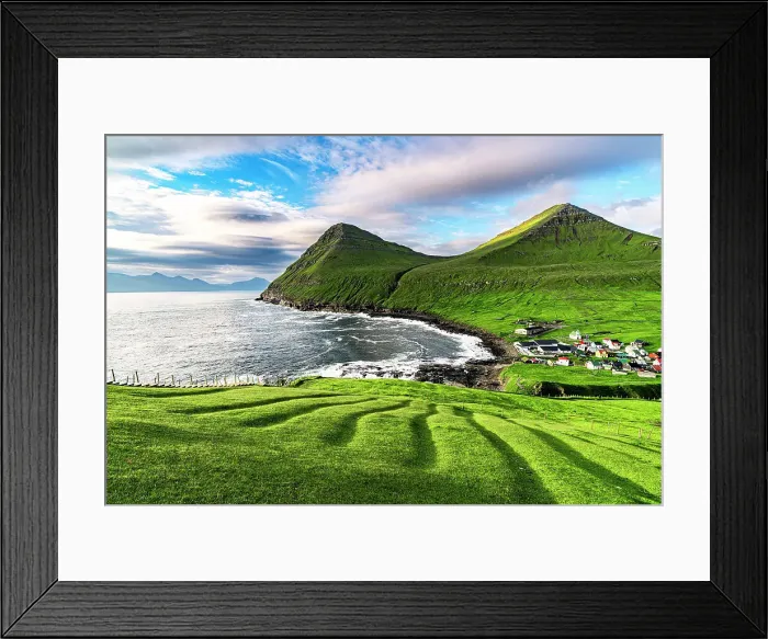 Framed Print : Sunrise over the green hills surrounding the village of Gjogv washed by the ocean, Eysturoy island, Faroe Islands Framed Print : Sunrise over the green hills surrounding the village of Gjogv washed by the ocean, Eysturoy island, Faroe Islands