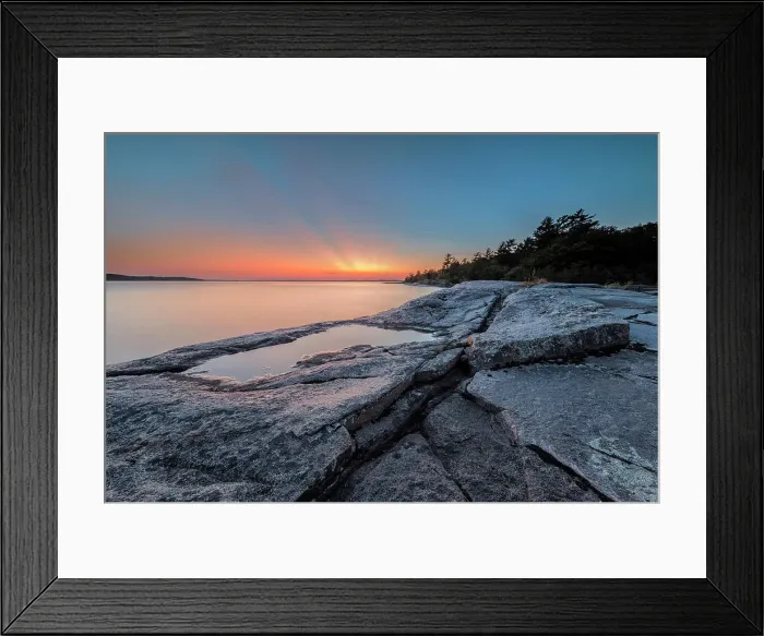 Framed Print : Late day light on the granite coast of Georgian Bay near Parry Sound, Ontario, Canada