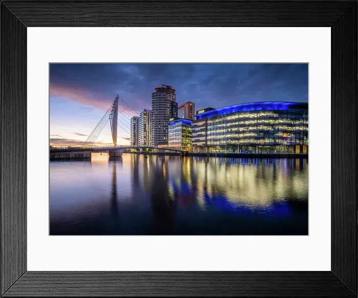 Framed Print : Media City at twilight, Salford Quays, Manchester, Lancashire, England, United Kingdom, Europe Framed Print : Media City at twilight, Salford Quays, Manchester, Lancashire, England, United Kingdom, Europe