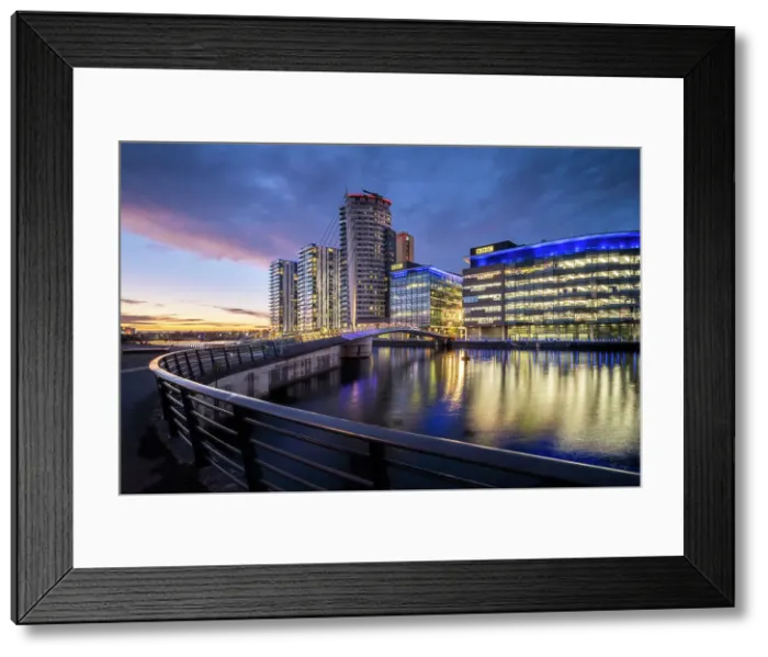 Framed Print : Media City at twilight, Salford Quays, Manchester, Lancashire, England, United Kingdom, Europe Framed Print : Media City at twilight, Salford Quays, Manchester, Lancashire, England, United Kingdom, Europe