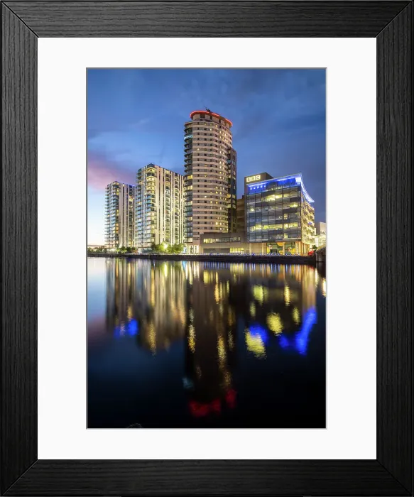 Framed Print : Media City at twilight, Salford Quays, Manchester, Lancashire, England, United Kingdom, Europe Framed Print : Media City at twilight, Salford Quays, Manchester, Lancashire, England, United Kingdom, Europe