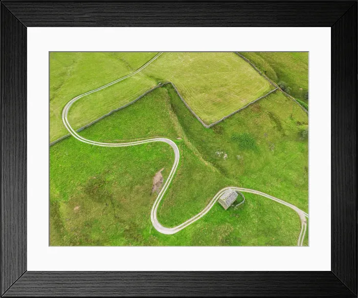 Framed Print : Aerial View over Windy Road & Stone Barn, Yorkshire Dales National Park, England Framed Print : Aerial View over Windy Road & Stone Barn, Yorkshire Dales National Park, England