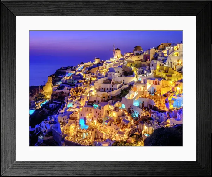 Framed Print : Illuminated Windmills and classic Greek Architecture, Caldera View, Oia, Santorini, Greece Framed Print : Illuminated Windmills and classic Greek Architecture, Caldera View, Oia, Santorini, Greece