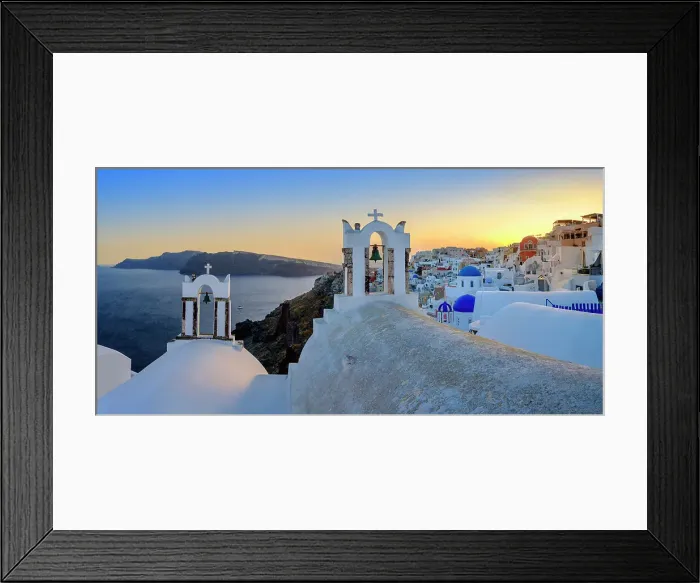 Framed Print : Sunset over Classic Blue Domes, Church and White Architecture Santorini, Oia, Greek Islands, Greece Framed Print : Sunset over Classic Blue Domes, Church and White Architecture Santorini, Oia, Greek Islands, Greece
