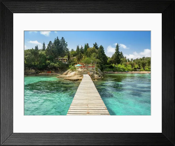 Framed Print : Turquoise sea with jetty, Notos Beach, Corfu Island, Ionian Islands, Ionian Sea, Greece