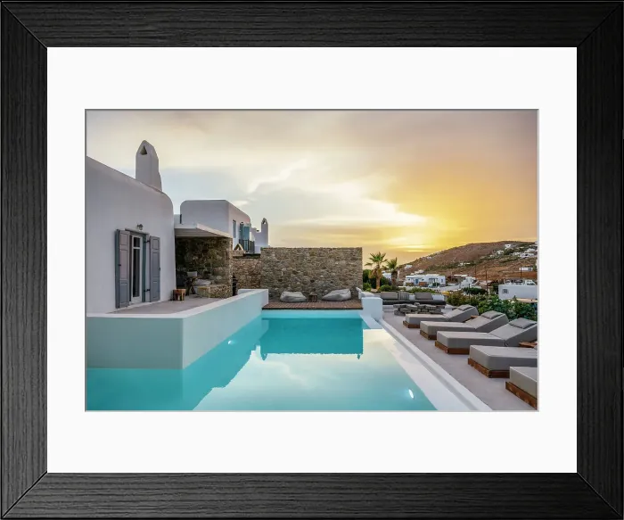 Framed Print : Sunset over Villa Pool, Mykonos, Greece, Europe Framed Print : Sunset over Villa Pool, Mykonos, Greece, Europe