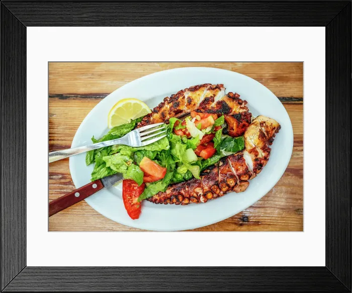 Framed Print : Plate of Octopus and salad at Kiki's Tavern restaurant table, Mykonos, Greece, Europe Framed Print : Plate of Octopus and salad at Kiki's Tavern restaurant table, Mykonos, Greece, Europe