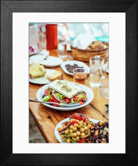 Framed Print : Plate of Greek Salad at Kiki's Tavern restaurant table, Mykonos, Greece, Europe Framed Print : Plate of Greek Salad at Kiki's Tavern restaurant table, Mykonos, Greece, Europe