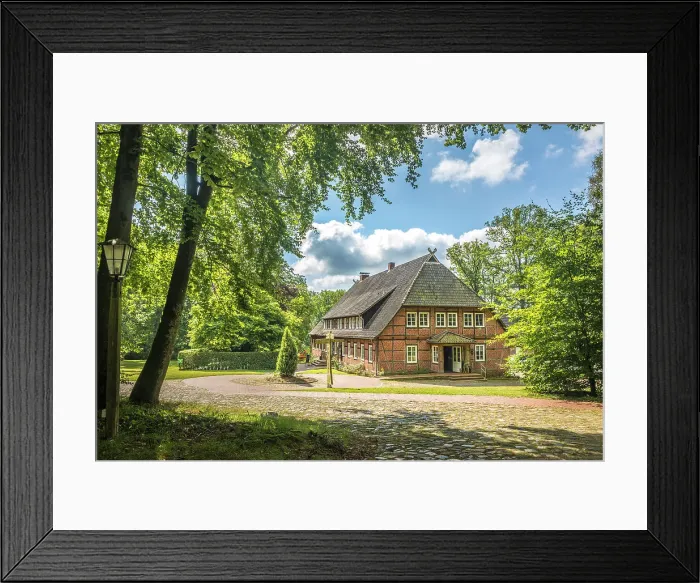 Framed Print : Traditional hotel Haverbeckhof in the village of Oberhaverbeck, Luneburg Heath, Lower Saxony, Germany Framed Print : Traditional hotel Haverbeckhof in the village of Oberhaverbeck, Luneburg Heath, Lower Saxony, Germany