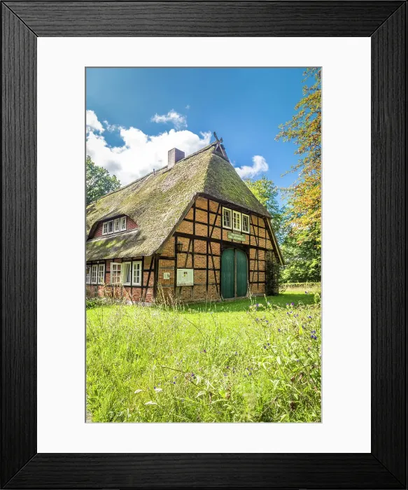 Framed Print : Nature conservation house Hans-Pforte-Haus in the village of Oberhaverbeck, Luneburg Heath, Lower Saxony, Germany Framed Print : Nature conservation house Hans-Pforte-Haus in the village of Oberhaverbeck, Luneburg Heath, Lower Saxony, Germany