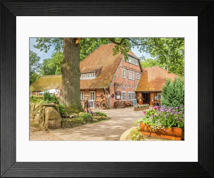 Framed Print : Inn in traditional half-timbered house in the village of Wilsede, Luneburg Heath, Lower Saxony, Germany Framed Print : Inn in traditional half-timbered house in the village of Wilsede, Luneburg Heath, Lower Saxony, Germany