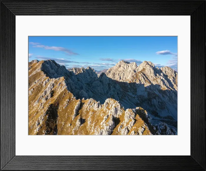 Framed Print : Aerial view of the Corna di San Fermo and Cima Moren, part of Pizzo Camino, at sunset. Borno, Valcamonica, brescia district, Lombardy, Italy