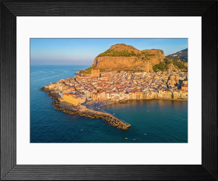 Framed Print : Aerial view of the ancient town of Cefalu, Unesco World Heritage site, at sunset. Palermo district, Sicily, Italy Framed Print : Aerial view of the ancient town of Cefalu, Unesco World Heritage site, at sunset. Palermo district, Sicily, Italy