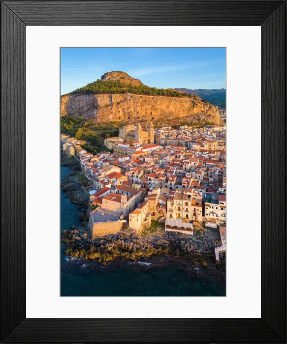 Framed Print : Aerial view of the ancient town of Cefalu, Unesco World Heritage site, at sunset. Palermo district, Sicily, Italy Framed Print : Aerial view of the ancient town of Cefalu, Unesco World Heritage site, at sunset. Palermo district, Sicily, Italy