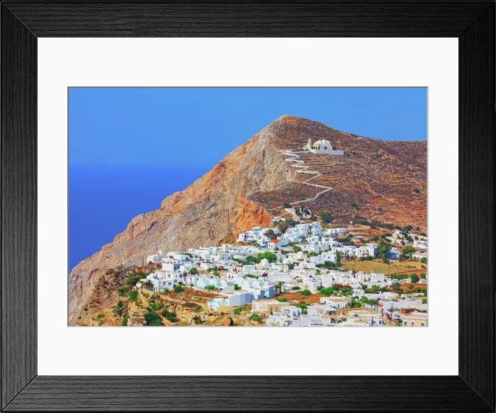 Framed Print : View of Chora village built on a cliff above the sea and Panagia Kimissis church, Chora, Folegandros Island, Cyclades Islands, Greece Framed Print : View of Chora village built on a cliff above the sea and Panagia Kimissis church, Chora, Folegandros Island, Cyclades Islands, Greece