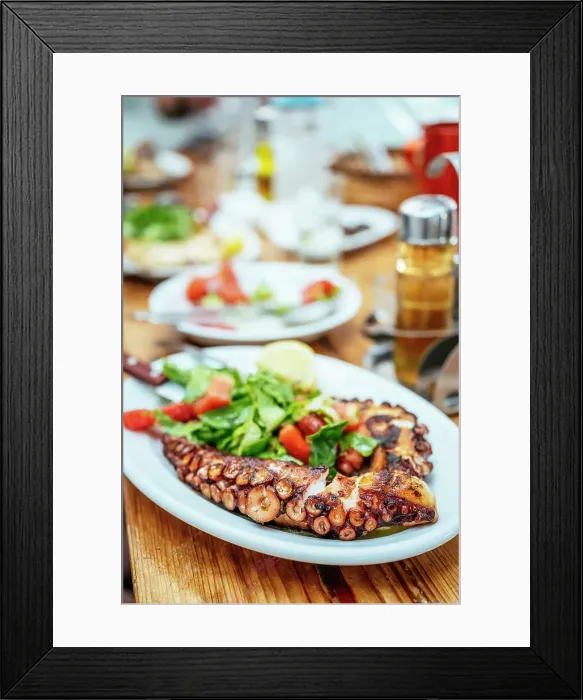 Framed Print : Plate of Octopus and salad at Kiki's Tavern restaurant table, Mykonos, Greece, Europe Framed Print : Plate of Octopus and salad at Kiki's Tavern restaurant table, Mykonos, Greece, Europe