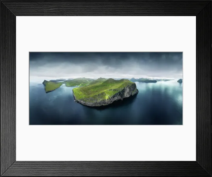 Framed Print : Aerial panoramic view of the islands of Vagar and Eysturoy during a gloomy cloudy day. Faroe Islands Framed Print : Aerial panoramic view of the islands of Vagar and Eysturoy during a gloomy cloudy day. Faroe Islands