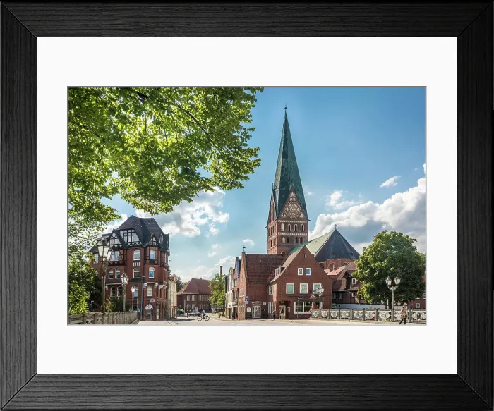Framed Print : View from the Ilmenau Bridge to the Church of St. Johannis, Luneburg, Lower Saxony, Germany Framed Print : View from the Ilmenau Bridge to the Church of St. Johannis, Luneburg, Lower Saxony, Germany