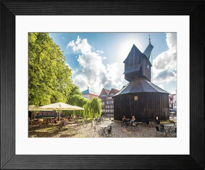 Framed Print : Beer garden and old crane at the fish market, Luneburg, Lower Saxony, Germany