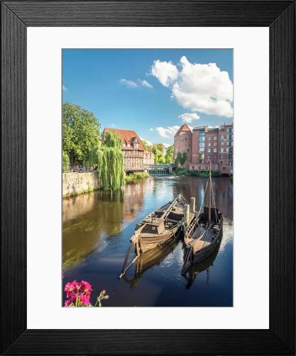 Framed Print : Historic barges at the old harbour on the Ilmenau, in the background Luner mill and Abbot`s Mill, Luneburg, Lower Saxony, Germany Framed Print : Historic barges at the old harbour on the Ilmenau, in the background Luner mill and Abbot`s Mill, Luneburg, Lower Saxony, Germany