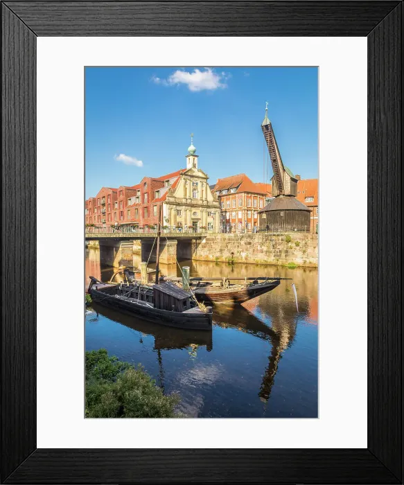 Framed Print : Old harbor on the Ilmenau, in the background old crane and old department store, Luneburg, Lower Saxony, Germany Framed Print : Old harbor on the Ilmenau, in the background old crane and old department store, Luneburg, Lower Saxony, Germany