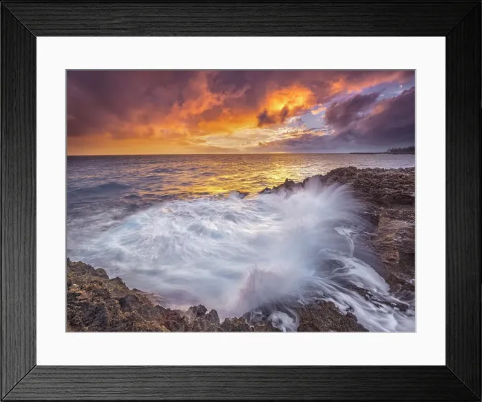 Framed Print : Sunset on the rugged ironshore on the Caribbean Sea at Pedro St. James on Grand Cayman, Cayman Islands, British West Indies