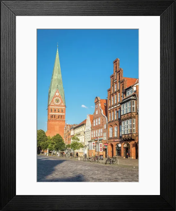 Framed Print : Historic square Am Sande with St. Johannis Church in the old town, Luneburg, Lower Saxony, Germany