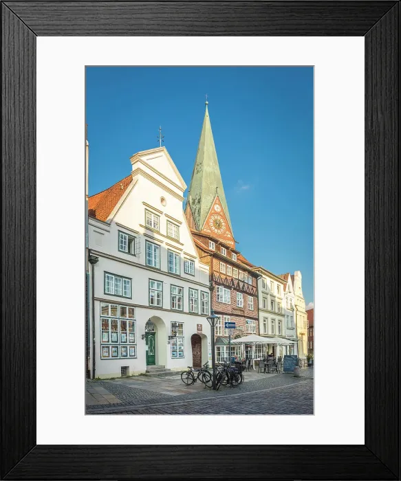 Framed Print : Historic houses at Am Sande square with St. Johannis church in the old town, Luneburg, Lower Saxony, Germany Framed Print : Historic houses at Am Sande square with St. Johannis church in the old town, Luneburg, Lower Saxony, Germany
