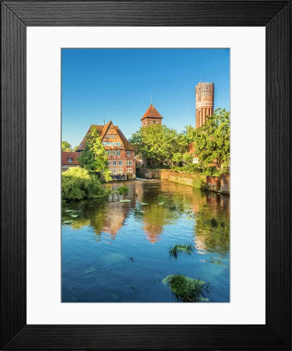 Framed Print : Ratsmill with water tower on the Ilmenau, Luneburg, Lower Saxony, Germany