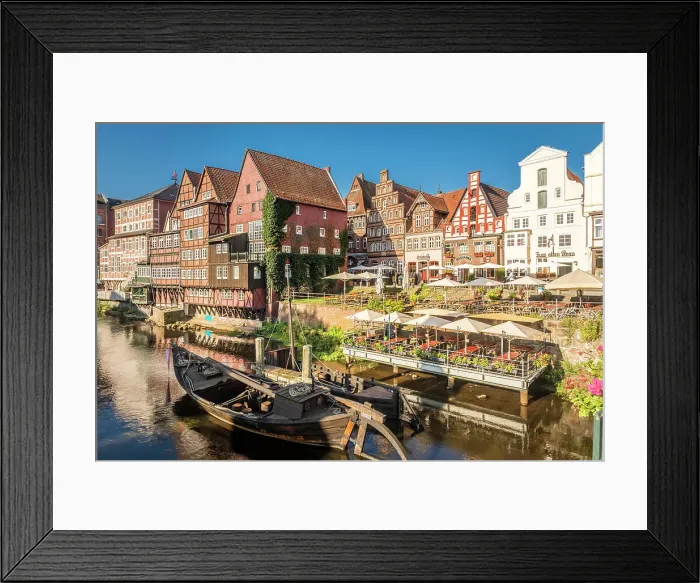 Framed Print : Row of houses at Stintmarkt with old harbour, Luneburg, Lower Saxony, Germany Framed Print : Row of houses at Stintmarkt with old harbour, Luneburg, Lower Saxony, Germany