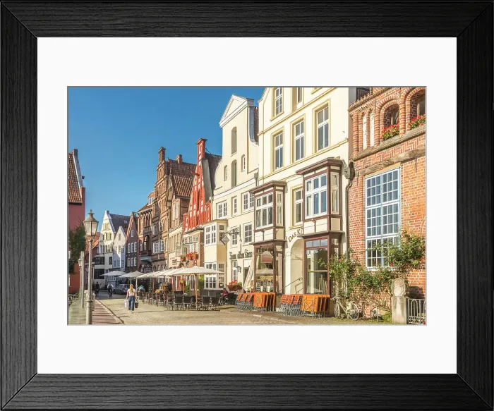 Framed Print : Row of houses at Am Stintmarkt with outdoor terraces, Luneburg, Lower Saxony, Germany
