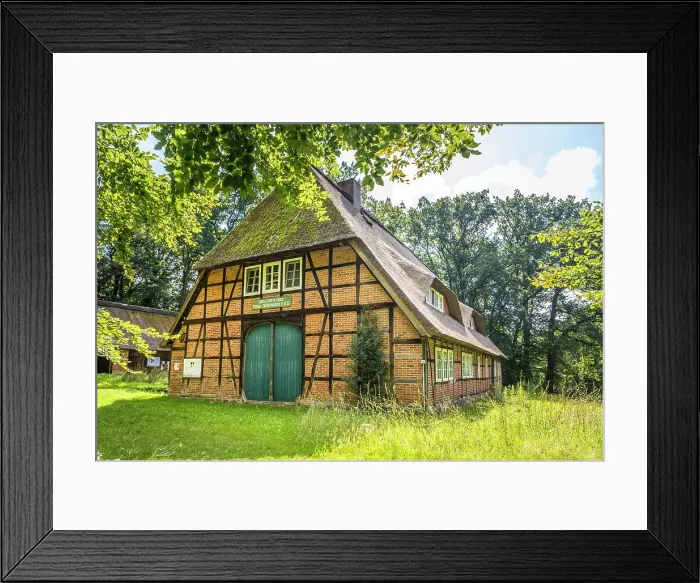 Framed Print : Nature conservation house Hans-Pforte-Haus in the village of Oberhaverbeck, Luneburg Heath, Lower Saxony, Germany Framed Print : Nature conservation house Hans-Pforte-Haus in the village of Oberhaverbeck, Luneburg Heath, Lower Saxony, Germany
