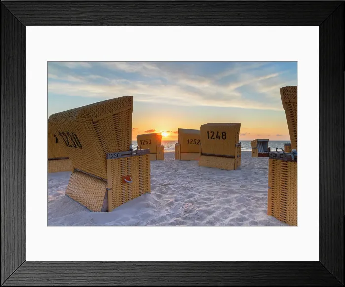 Framed Print : Deckchairs on Wenningstedt beach at sunset, Sylt, Schleswig Holstein, Germany Framed Print : Deckchairs on Wenningstedt beach at sunset, Sylt, Schleswig Holstein, Germany