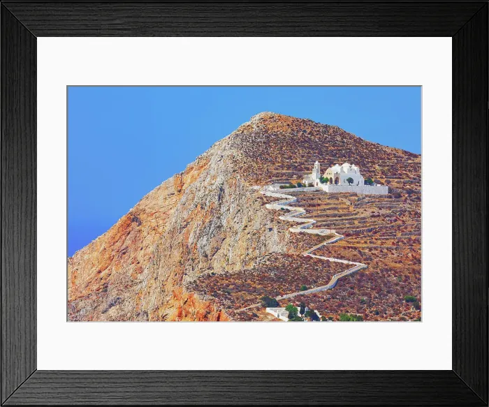 Framed Print : View of Panagia Kimissis church built on a cliff above the sea, Chora, Folegandros Island, Cyclades Islands, Greece Framed Print : View of Panagia Kimissis church built on a cliff above the sea, Chora, Folegandros Island, Cyclades Islands, Greece