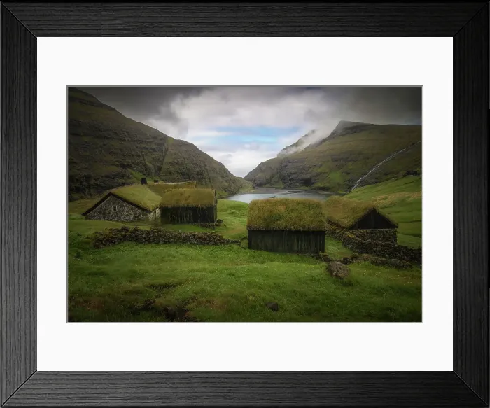 Framed Print : Cloudy afternoon at the moss cabins of Saksun, in the island of Streymoy, in the Faroe Islands Framed Print : Cloudy afternoon at the moss cabins of Saksun, in the island of Streymoy, in the Faroe Islands