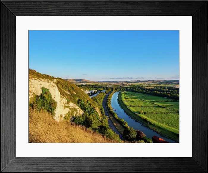 Framed Print : River Ouse at sunset, elevated view, Lewes, East Sussex, England, United Kingdom