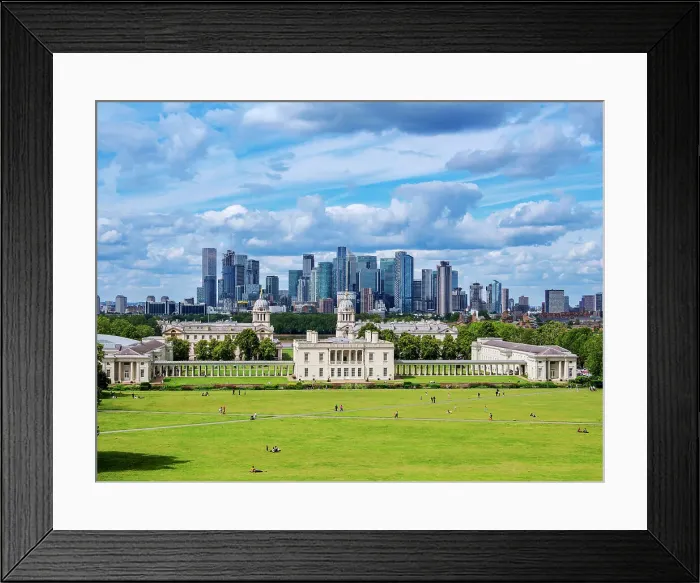 Framed Print : View over Greenwich Park towards Queen's House, Old Royal Naval College and Canary Wharf, Greenwich, London, England, United Kingdom Framed Print : View over Greenwich Park towards Queen's House, Old Royal Naval College and Canary Wharf, Greenwich, London, England, United Kingdom