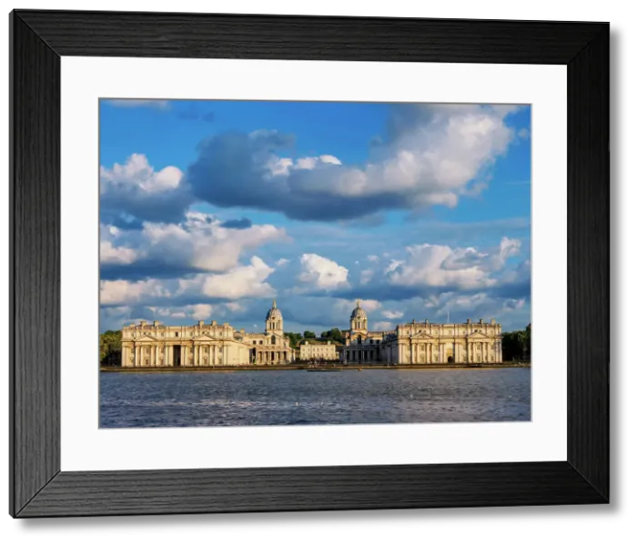 Framed Print : View over River Thames towards The Old Royal Naval College and Greenwich Park at sunset, London, England, United Kingdom