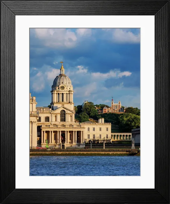 Framed Print : View over River Thames towards The Old Royal Naval College and Royal Observatory in Greenwich Park at sunset, London, England, United Kingdom Framed Print : View over River Thames towards The Old Royal Naval College and Royal Observatory in Greenwich Park at sunset, London, England, United Kingdom
